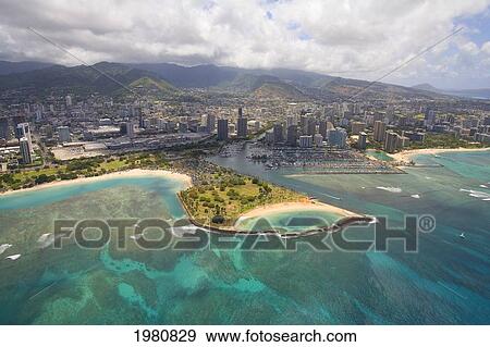 USA, Hawaii, Oahu, Ala Wai Yacht Basin and Ala Moana Beach Park; Honolulu, Aerial view of Magic Island View Large Photo Image Stock Photo - USA, Hawaii, Oahu, Ala Wai Yacht Basin and Ala Moana Beach Park; Honolulu, Aerial view of Magic Island. Fotosearch