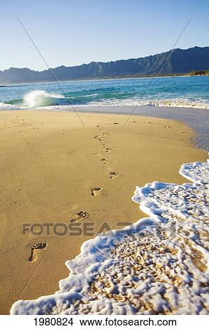 Picture - USA, Hawaii, Oahu, Footprints in sand with Pacific ocean and Koolau Mountains in background; Mokulua Island. Fotosearch