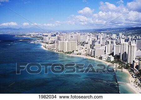 Picture - USA, Hawaii, Oahu, Honolulu, Aerial view of hotels on Waikiki beach; Waikiki. Fotosearch