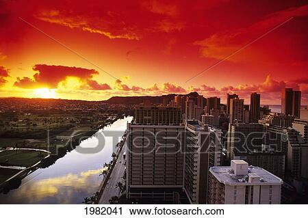 USA, Hawaii, Oahu, Honolulu, Ala Wai Canal at sunrise; Waikiki View Large Photo Image Stock Image - USA, Hawaii, Oahu, Honolulu, Ala Wai Canal at sunrise; Waikiki. Fotosearch