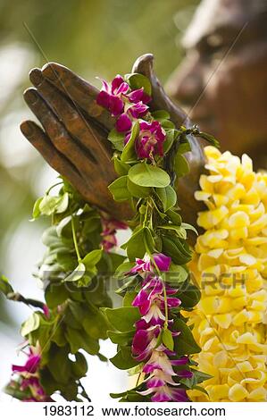 Stock Image - USA, Hawaii, Oahu, Honolulu, Duke Kahanamoku Statue with flowers; Waikiki. Fotosearch