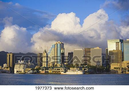 Stock Image - USA, Hawaii, Oahu, View of downtown and harbor; Honolulu. Fotosearch