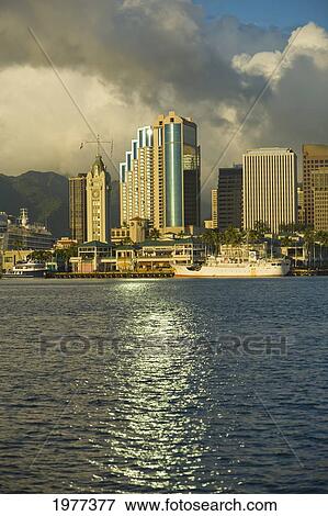 USA, Hawaii, Oahu, View of downtown and harbor; Honolulu View Large Photo Image Stock Photo - USA, Hawaii, Oahu, View of downtown and harbor; Honolulu. Fotosearch