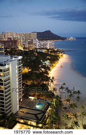 Stock Image - USA, Hawaii, Oahu, Waikiki Beach And Diamond Head In The Evening; Waikiki. Fotosearch