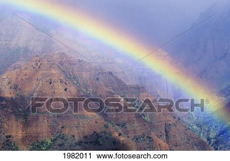 Stock Image - USA, Hawaii, Rainbow over Waimea Canyon; Kauai. Fotosearch
