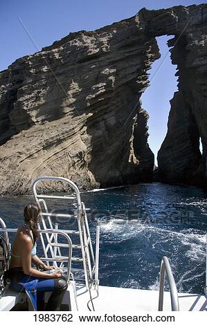 Stock Image - USA, Hawaii, Tuft Crater/Seabird sanctuary west of Kauai; Niihau, Keyhole of Lehua Rock. Fotosearch