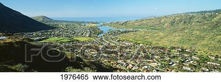 Stock Photography - USA, Hawaii, View Of Hawaii Kai Neighborhood From Mariner's Ridge; Oahu. Fotosearch