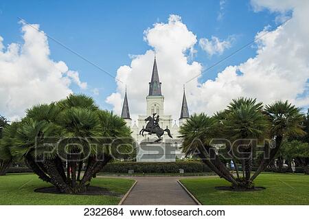 USA, Louisiana, French Quarter; New Orleans, View of statue of Andrew Jackson in front of Saint Louis Cathedral View Large Photo Image Picture - USA, Louisiana, French Quarter; New Orleans, View of statue of Andrew Jackson in front of Saint Louis Cathedral. Fotosearch