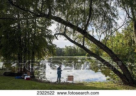 Stock Image - USA, Louisiana, Man fishing in swamps; Breaux Bridge. Fotosearch