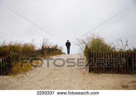 Stock Photo - Usa, Maryland, Lonely Walker On Sandy Beach; Ocean City. Fotosearch