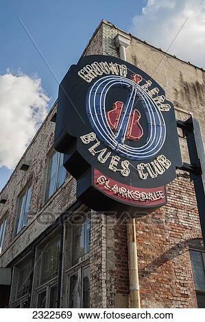 Stock Photo - USA, Mississippi, Ground Zero Blues Club sign; Clarksdale. Fotosearch