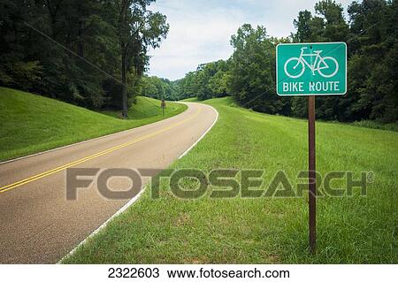 Stock Image - USA, Mississippi, Natchez Trace Parkway; Natchez, Bike Route sign. Fotosearch