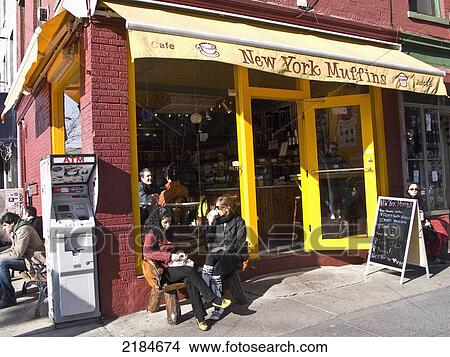 Picture - Usa, New York State, New York City, Brooklyn, People Relaxing By Corner Shop; Williamsburg. Fotosearch