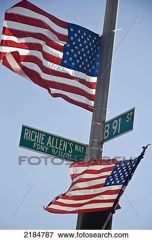 Stock Photo - Usa, New York State, Us Flag By Boardwalk; Rockaway. Fotosearch