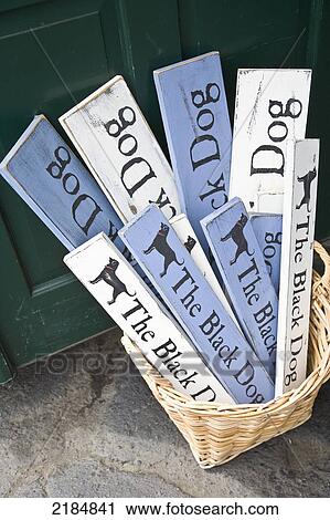 Stock Image - Usa, Rhode Island, Bannister's Wharf; Newport, Signs Outside The Black Dog Store. Fotosearch