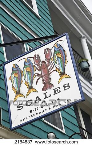 Stock Photo - Usa, Rhode Island, Newport, Fish Restaurant Sign; Thames Street. Fotosearch