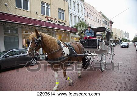 Picture - Usa, South Carolina, Horse Drawn Carriage On Street; Charleston. Fotosearch