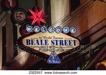 Stock Photo - USA, Tennessee, Neon lights in Beale Street; Memphis. Fotosearch