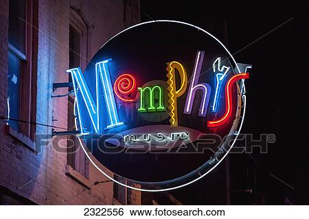 Stock Photograph - USA, Tennessee, Neon lights in Beale Street; Memphis. Fotosearch