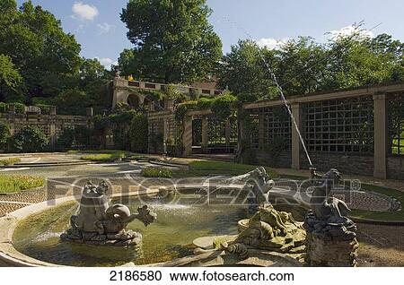 Stock Image - USA, Washington DC, Dumbarton Oaks Gardens. Dumbarton Oaks is a 19th century Federal-style mansion with famous garden; Georgetown. Fotosearch