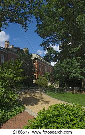 Stock Photo - USA, Washington DC, Dumbarton Oaks House and Gardens. Dumbarton Oaks is a 19th century Federal-style mansion with famous garden; Georgetown. Fotosearch