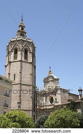 Picture - Valencia Cathedral and Miguelete Bell Tower, Plaza de le Reina, Valencia, Spain, Europe, EU. Fotosearch