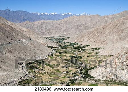 Stock Photograph - Valley View With Tsampa (Barley) Fields And Mountains Towards Chang La Pass In Ladhak, India. Fotosearch