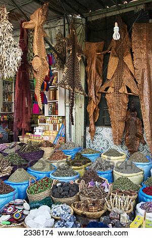 Picture - Variety Of Foods And Wares In Baskets At The Market; Marrakesh, Marrakech-Tensift-El Haouz, Morocco. Fotosearch