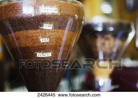 Stock Photography - Various types of coffee on display in the Tomoca coffee house; Addis Ababa, Ethiopia. Fotosearch