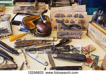 Stock Image - Various vintage items in Kilby General Store Museum at Kilby Historic Site; Harrison Mills, British Columbia, Canada. Fotosearch