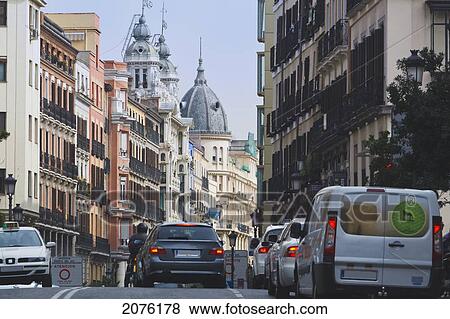 Vehicles On A Busy Street; Madrid Spain View Large Photo Image Stock Photo - Vehicles On A Busy Street; Madrid Spain. Fotosearch