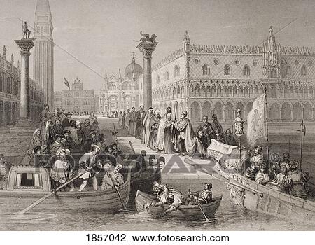 Venice, Italy The Embarkation Of The Doge. Engraved By Challis After Basfano. View Large Photo Image Stock Image - Venice, Italy The Embarkation Of The Doge. Engraved By Challis After Basfano.. Fotosearch