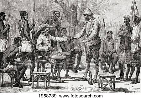 Stock Photo - Verney Lovett Cameron Visiting King Konngo, During His Travels In Africa In 1872 To 1876. Verney Lovett Cameron, 1844 To 1894. English Explorer In Central Africa. From El Mundo En La Mano, Published 1878.. Fotosearch