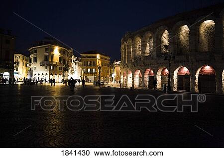 Stock Image - Verona Illuminated At Night; Italy. Fotosearch