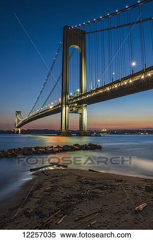Stock Photography - Verrazano-Narrows Bridge at twilight; Brooklyn, New York, United States of America. Fotosearch