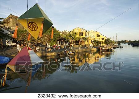 Stock Image - Vietnam, French Colonial Houses At Waterfront; Hoi An. Fotosearch