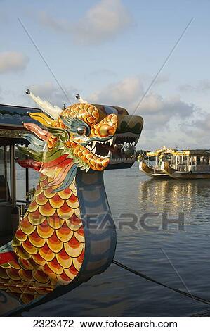 Stock Image - Vietnam, Hue, Dragon Boat Detail; Perfume River. Fotosearch