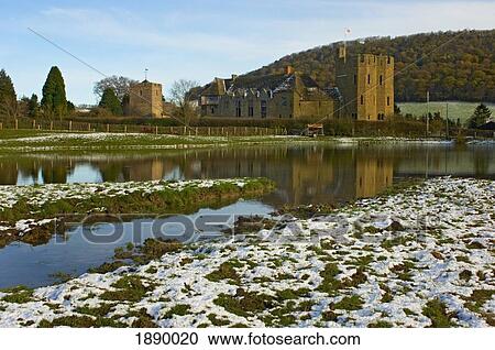Stock Image - View Across A River To Stokesay Castle.. Fotosearch