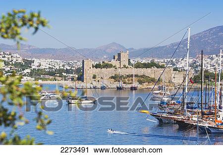 Stock Image - View across the harbour to castle of st. peter; bodrum mugla province turkey. Fotosearch