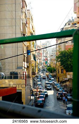 Stock Photography - View down a busy city street; Beirut, Lebanon. Fotosearch