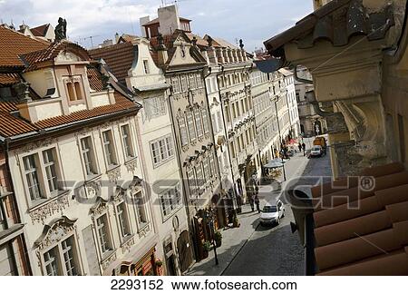Stock Image - View down Nerudova Street, one of the oldest streets in Prague, Czech, Republic, Europe. Fotosearch