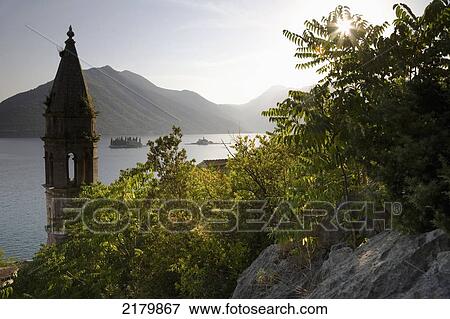 Stock Photo - View From Above Perast Looking Towards The Islands At Sunset, Kotor Bay Monte. Tif. Fotosearch