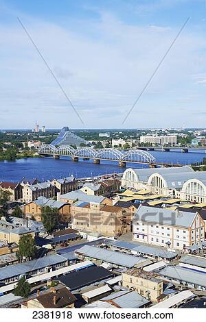 View from Academy of Science towards Central Market and Daugava River; Riga, Latvia View Large Photo Image Stock Photo - View from Academy of Science towards Central Market and Daugava River; Riga, Latvia. Fotosearch