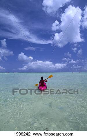 Stock Image - View From Behind Man In Pink Kayak, Clear Waters Heading Into Horizon. Fotosearch