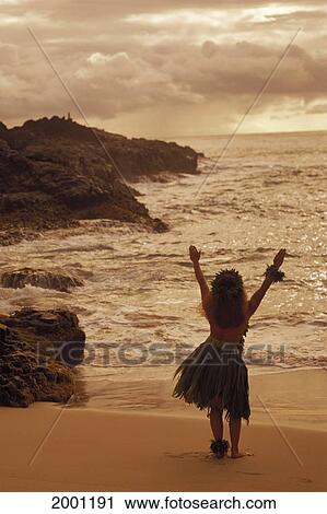 View From Behind Woman Kahiko Hula By Shoreline, Facing Ocean Moody Sunset Skies D1391 View Large Photo Image Stock Image - View From Behind Woman Kahiko Hula By Shoreline, Facing Ocean Moody Sunset Skies D1391. Fotosearch