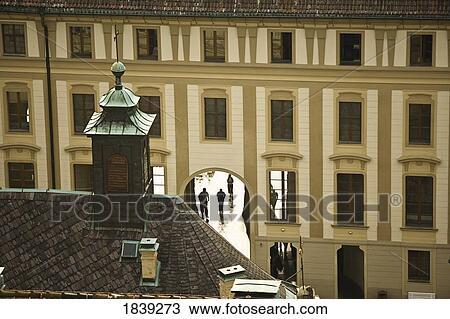 Stock Image - View From Bell Tower, Building Exterior, Elevated View; Saint Vitus's Cathedral, Prague Castle, Prague, Czech Republic. Fotosearch