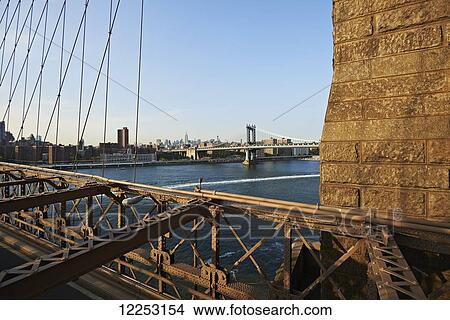 View from Brooklyn Bridge across New York Harbour to Manhattan Bridge; New York City, New York, United States of America View Large Photo Image Picture - View from Brooklyn Bridge across New York Harbour to Manhattan Bridge; New York City, New York, United States of America. Fotosearch