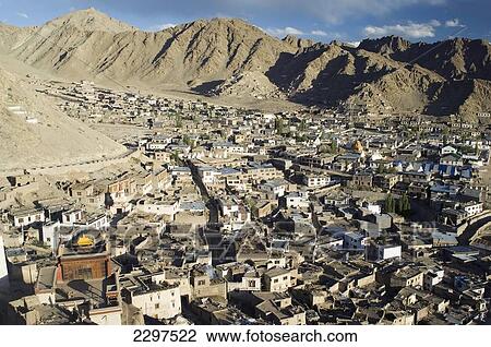 Stock Image - View from Leh Palace over Old Leh. Leh was the capital of the Himalayan kingdom of Ladakh, now the Leh District in the state of Jammu and Kashmir, India. Leh is at an altitude of 3, 500 meters (11, 483 ft).. Fotosearch