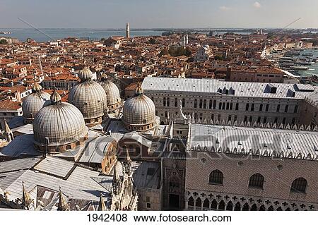 Stock Photo - View From The Bell Tower In St. Mark's Square And The Roofline Of St. Mark's Basilica; Venice Italy. Fotosearch