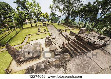 Stock Photograph - View from the top of the central pyramid of the 15th-century Javanese-Hindu temple, Candi Sukuh, Central Java, Indonesia. Fotosearch
